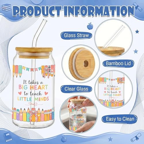 Glass Cups with Lids and Straws, 6Pack, 16oz, Floral Teacher - style: Floral Teacher Appreciation