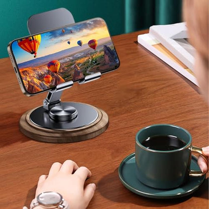 Adjustable Cell Phone Stand,360 Rotating Foldable Desktop Cellphone Stand with Anti-Slip Base Portable Phone Holder for iPhone 16 15 14 13 Pro Max, All Smart Phones, iPad (Wood)