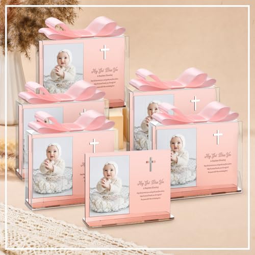 Vercraft 24 Set Baptism Picture Frame 3.5 x 5 Acrylic Baby Shower Baptism Favor Christening Gifts for Boy Girl with Plastic Crystal Boxes and Satin Ribbon Bows for Religious First Communion(Rose Gold) - color: Rose Gold