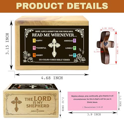 Bible Verse Box (150 Verses), Upgrade Color-Coded Read Me Whenever Bible Verses Cards in Jar, Prayer Box and Wooden Handheld Pocket Cross, Christian Gift for Her, Christmas - color: Bible Box 2