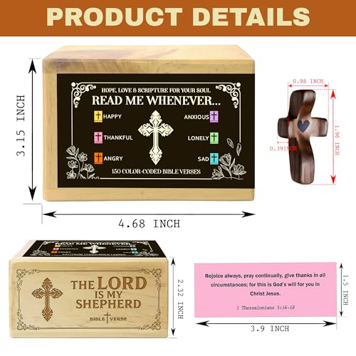 Bible Verse Box (150 Verses), Upgrade Color-Coded Read Me Whenever Bible Verses Cards in Jar, Prayer Box and Wooden Handheld Pocket Cross, Christian Gift for Her, Christmas - color: Bible Box 2