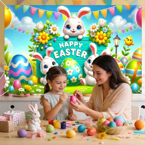 IVN Easter Bunny Banner 71x43 Inch Happy Cute Bunnies Colorful Eggs Flowers - color: Happy Easter Bunny Trio Sign