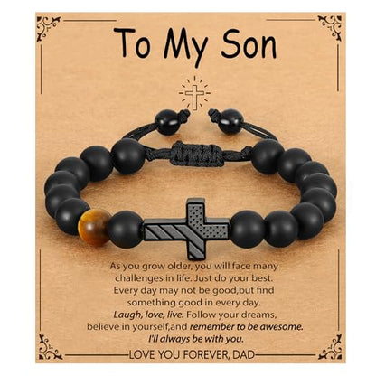 P. BLAKE Cross Bracelet for Boys Men, American Flag Cross Natural Beads Bracelet Christian Religious Birthday Jewelry Gifts for Teen Boys - style: To My Son from Dad
