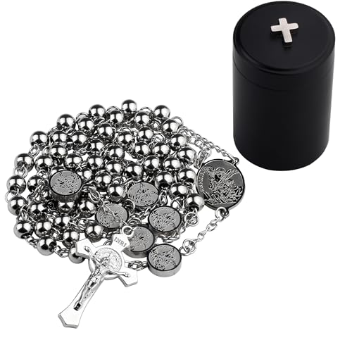 HanlinCC Catholic Rosary Necklace Stainless Steel Prayer Bead with Gift Box - color: Silver St.Michael