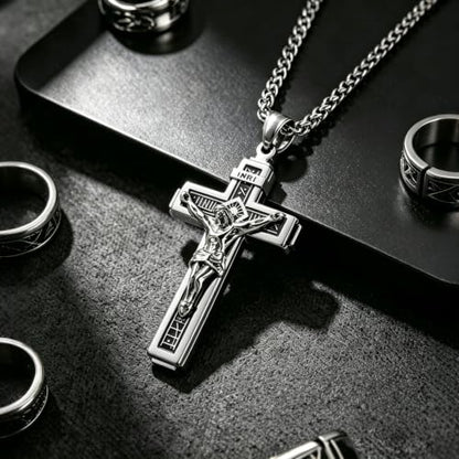 HZMAN Catholic Jesus Christ INRI Cross Crucifix Pendant Necklace for Men - color: Silver