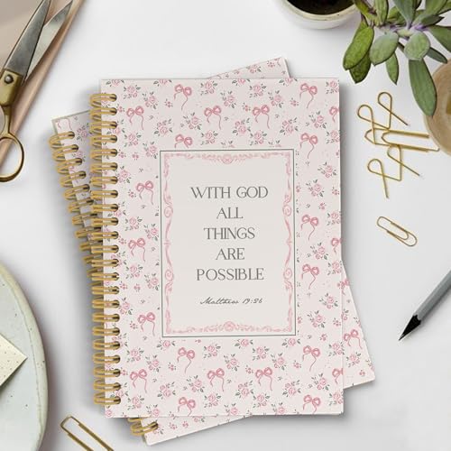 YLZlhb Pink Bow Floral Christian Spiral Notebook Journal, Religious Notebooks for Note Taking, Christian Gifts for Women, with God All Things Are Possible Hardcover Spiral Journal 5.5x8.3 Inches - color: with god