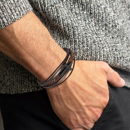 Leather Bracelet for Men Braided Stainless Steel Mens Bracelets - color: Brown-BlackCross