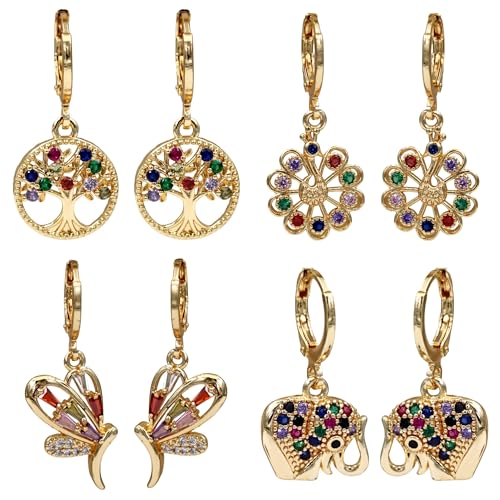 18K Gold Plated, Dangle Earrings for Women, Flower/Heart Drop earrings, Hypoallergenic Cubic Zirconia Earrings, Lightweight, Party, gold earrings, Jewelry for Gifts, Fashion - style: 4Pack-Drop-Mix