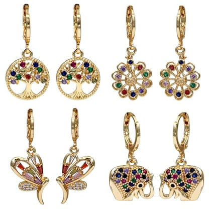 18K Gold Plated, Dangle Earrings for Women, Flower/Heart Drop earrings, Hypoallergenic Cubic Zirconia Earrings, Lightweight, Party, gold earrings, Jewelry for Gifts, Fashion - style: 4Pack-Drop-Mix