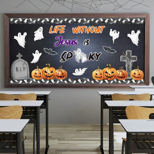 BeYumi Halloween Bulletin Board Set - 67Pcs Halloween Christian Bulletin Board Set Life without Jesus Is Spooky Cross Pumpkin Cutout Border Trim Religious Sunday School Classroom Chalkboard Wall Decor - style: Life without Jesus Is Spooky