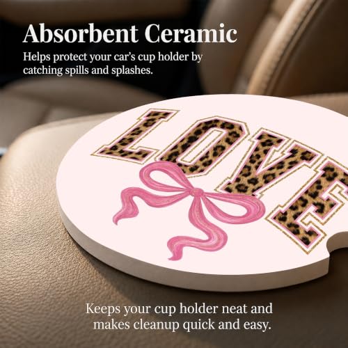 Pink Car Coasters Set of 2, Cute Cheetah Bows Car Ceramic Accessories, 36 - color: Cute Cheetah Bows