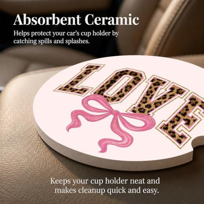 Pink Car Coasters Set of 2, Cute Cheetah Bows Car Ceramic Accessories, 36 - color: Cute Cheetah Bows