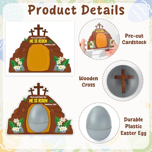 BeYumi Easter Eggs Craft Kit - 90Pcs Easter Silver Plastic Egg with HE IS RISEN Empty Tomb Cards Wooden Cross Christian Jesus Resurrection Kit Sunday School Church Party Basket Stuffers Gift for Kids