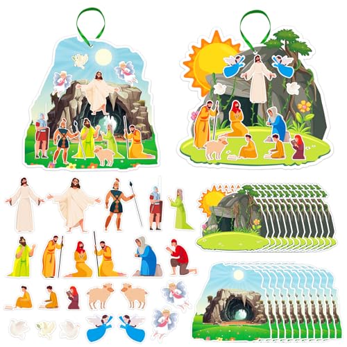 FaCraft 24 Sets Easter Crafts for Kids - Religious Crafts Make an Easter He Lives Sticker Scenes Resurrection Craft Jesus Stickers DIY Gifts for Christian Bible Sunday School Party Favors Home Decor - color: F-24pcs