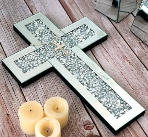 GIMORRTO Cross Wall and Table Decor, Glass Mirrored Surface, Modern Style, Religious Theme, Silver, 15 x 5 Inches, Indoor (15")