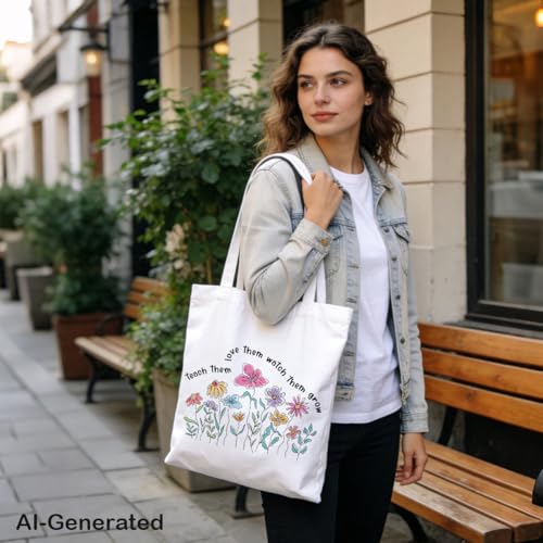 Aesthetic Flower Tote Bags, Teach Them Love Them Watch Grow, Weekend Bag, Beach Travel Bags, Teacher Thank You Gift, Useful Canvas Tote Bag, Meaningful Gifts to Teachers Parents - color: Style 08