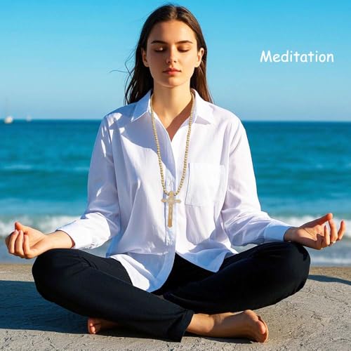 Wooden Cross Necklace For Men Beads Rosary Long Large Natural Wood Jesus Crucifix Cross Pendant Necklace 36inch Chain Religious Christian Prayer Faith Baptism Easter Handmade Jewelry - color: Khaki