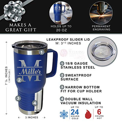 The Wedding Party Store Personalized 20 oz Stainless Steel Powder Coated Vacuum Insulated Double Walled Travel Tumbler Coffee Mug with Handle and Lid (Royal Blue) - color: Royal Blue