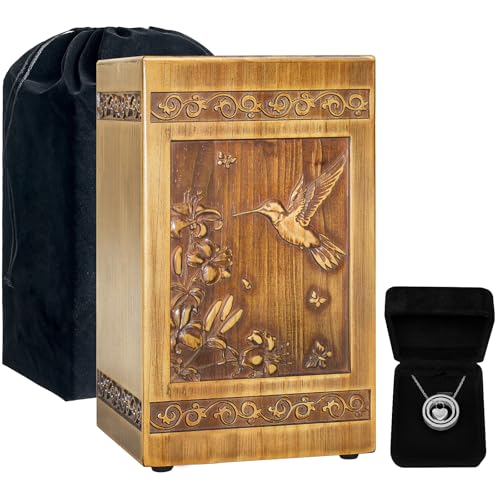 Wooden Urn for Ashes Adult Male Female, Handcrafted Large Cremation Urns Box for Human Ashes Adult Man Woman, Memorial Decorative Funeral Urn with Hummingbird Carvings, with Velvet Bag & Necklace - color: Hummingbird