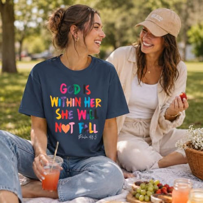 Sulayesh Christian Shirts for Women Jesus God is Within Her Tshirt Faith Inspirational Bible Verse Religious Graphic Tee Tops - color: Navy Blue, size: Small