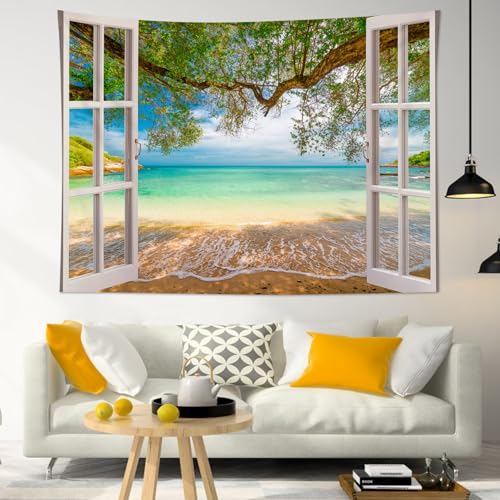 EOBTAIN Coastal Beach Tapestry Ocean Beachy and Tree outside the Window Wall Tapestry Summer Landscape Aesthetic Tapestries Wall Hanging Decor for Living Room Bedroom 59x51 Inch - color: White, size: 51"L x 59"W