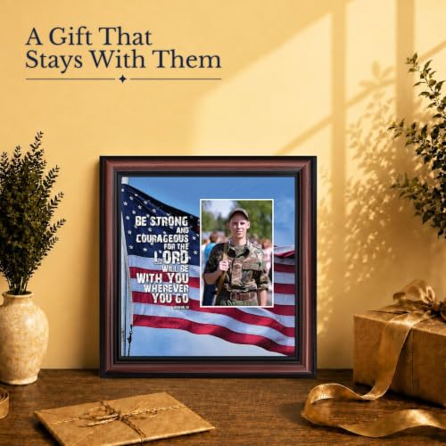 Be Strong and Courageous Military Picture Frames, Patriotic Wall Art - color: Walnut, size: 8"L x 8"W