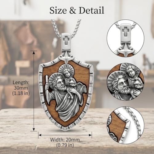 ONEFINITY Wooden Necklace Viking Wolf/St Benedict Medals/St Michael/Crucifix/St Christopher Pendant Necklace for Men Archangel Amulet Wooden Religious Jewelry Gifts for Men Women - style: St Christopher