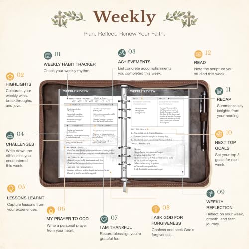 Ospelelf Removable Prayer Journal with Leather Brown 6 Ring Binder 3-Month - color: brown