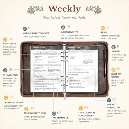 Ospelelf Removable Prayer Journal with Leather Brown 6 Ring Binder 3-Month - color: brown