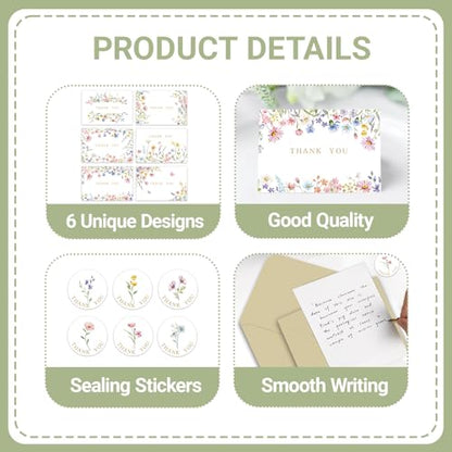 100 Sets Wildflower Thank You Cards with Kraft Envelopes Sticker Watercolor Floral Blank Greeting Cards for Mother's Day Baby Showers Valentines Holiday Birthday Wedding Party Favors - style: 100 pcs