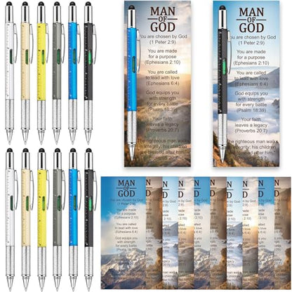 12 Sets 6 in 1 Multi Tool Pen Father Day Man of God Gift Christian Church Gifts for Men Bulk Bible Verse Bookmarks Screwdriver Pen Multi Tool Pens for Christian Father Coworkers