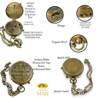 Handmade Religious Brass Compass Gift with Engraved & Embossed Faith Messages – Inspirational Christian Religious Gift Keepsake for Baptism, Confirmation, Christening, First Communion or Christmas - style: God is with You – Edition 1