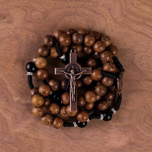 Nazareth Store Classic 10mm Solid Wood Rosary Beads Necklace for Men Olive & Dark Red Wooden Strong Rugged Corded Catholic Rosary with St.Benedict Medal & Cross Crucifix - color: Olive & Black Wood, style: St. Benedict