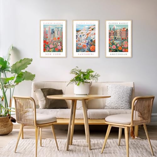 YUFEIART 3 Piece Colorful Flower Market Framed Wall Art Set of 3 12x16 - color: Flower Market, size: 12x16 Framed