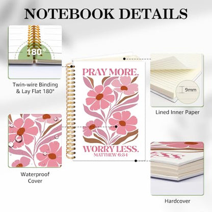 ERHACHAIJIA Pray More Worry Less Lined Spiral Notebook Gifts for Christian - color: White-pink