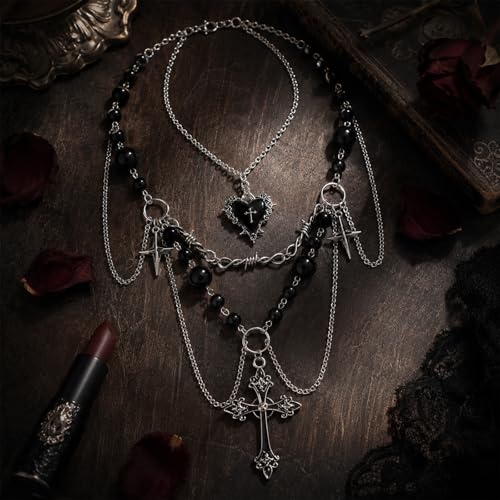 Women's Gothic Y2K Emo Chunky Silver Cross Necklace with Black Pearls, Layered Cross Pendant Necklace Set for Layered Necklaces - Fashion Statement Jewelry