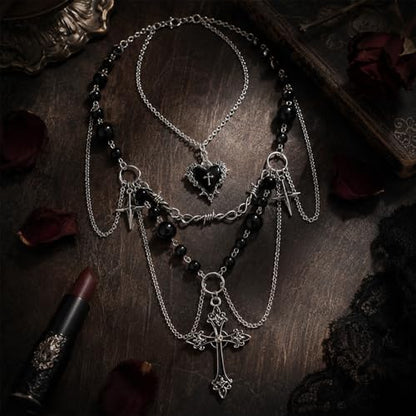 Women's Gothic Y2K Emo Chunky Silver Cross Necklace with Black Pearls, Layered Cross Pendant Necklace Set for Layered Necklaces - Fashion Statement Jewelry