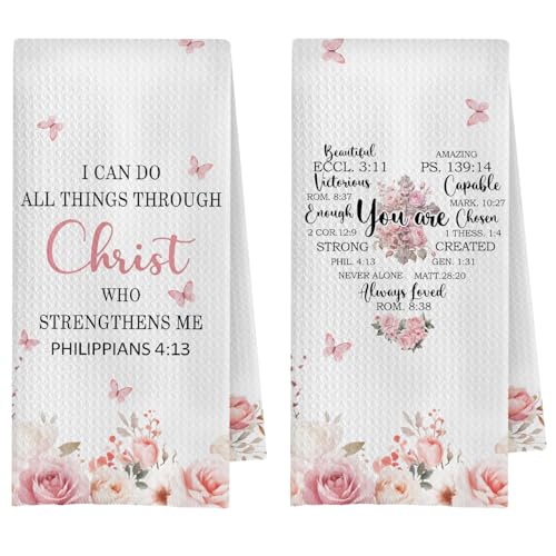 Christian Kitchen Towels Set of 2, Inspirational Christian Gifts for Women Dish Tea Towels for Kitchen Decor, Religious Bible Verse Floral Hand Towels for Bathroom Decor, 16x24 Inches