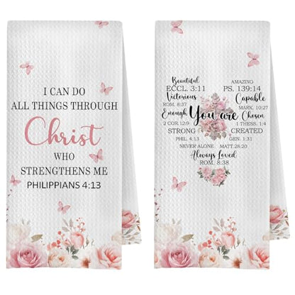 Christian Kitchen Towels Set of 2, Inspirational Christian Gifts for Women Dish Tea Towels for Kitchen Decor, Religious Bible Verse Floral Hand Towels for Bathroom Decor, 16x24 Inches