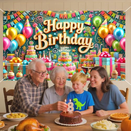 Happy Birthday Backdrop Banner 70.8 x 43.3 Inch, Colorful Balloon Cake Pennant Flag Festive Party Decorations for Kids Boys Girls, Fun Photo Booth Background with Hanging Rope - color: Colorfulb571, size: 70.8 x 43.3 Inch