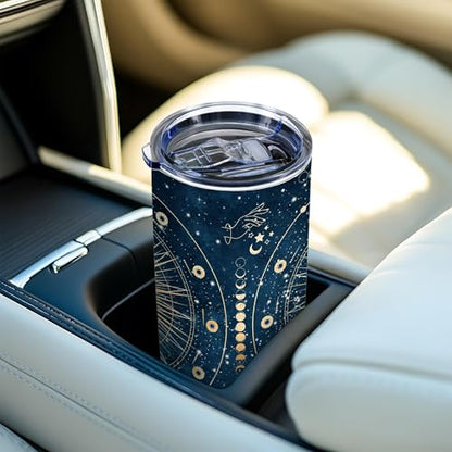 20oz Celestial Astrology Moon Phase Witchy Stainless Steel Tumbler with Lid - color: Astrology Tarot Cards Blue-white