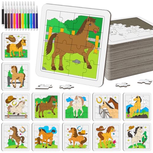 Cinrobiye 24 Pcs Horse Coloring Jigsaw Craft Kit for Kids, DIY Farm Pony Activity Set Bulk with 12 Designs, Rodeo Birthday Party Favors, Classroom Art Projects, Western Theme Supplies - color: Horse