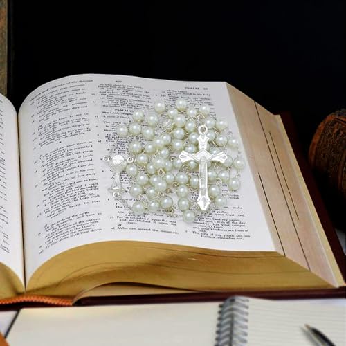 KOMI 6 MM Pearl Rosary Beads With Crucifix, Catholic Necklace for Women With Velvet Bag or Rosary Box - style: Rosary-10