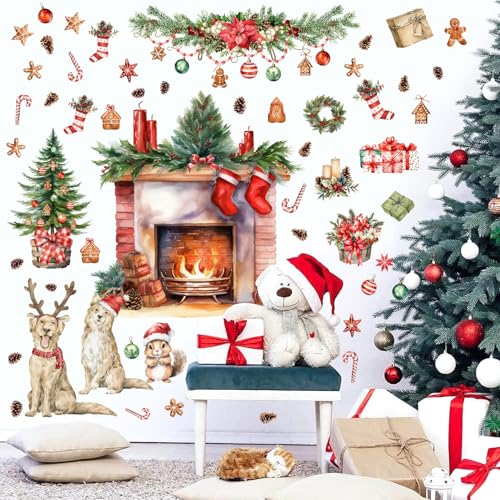 Merry Christmas Wall Stickers Xmas Pine Tree Fireplace Art Decal Decoration - color: Red