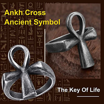 ChainsProMax Can Engrave Men Ancient Egyptian Eye of Ra Ankh Cross Ring, Size #7-#14, Stainless Steel/Gold Plated/Black (Send Gift Box) - color: Engrave-ankh cross-grey