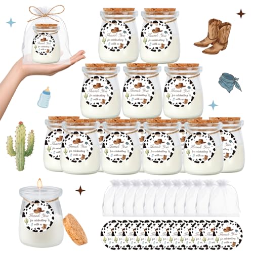 24Pcs Baby Shower Candle Cowboy Party Favors Lavender Scented Glass Jars Wax Candle Bulk with Thank You Cards Organza Bags for Guests Boy Girl Birthday Gender Reveal Gift Souvenirs (Cowboy, 24) - style: Cowboy