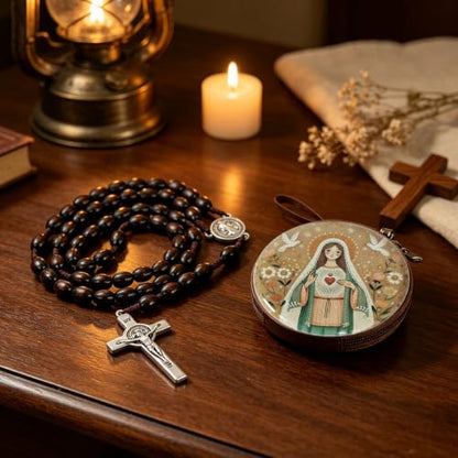 Wooden Catholic Rosary Beads, Rosarios Catolicos with Decorative Prayer Box - color: Brown (10)