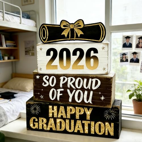2026 Graduation Table Decorations Class of 2026 Senior Tiered Tray Decor Wooden Happy Graduation Signs Farmhouse Congrats Grad Tabletop Party Centerpiece for Tables Wooden Sign for Home Decor - style: Grad Cap