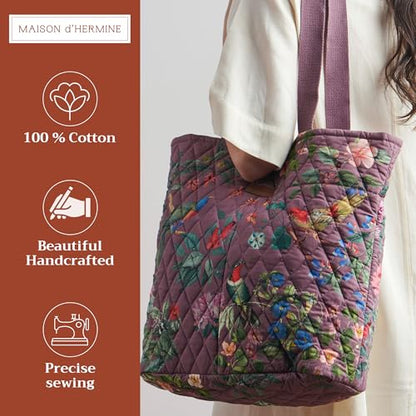 Maison d' Hermine Shopping Bags Cotton Quilted Tote Bag with Zipper Pockets - color: 032 - Eden - Violet