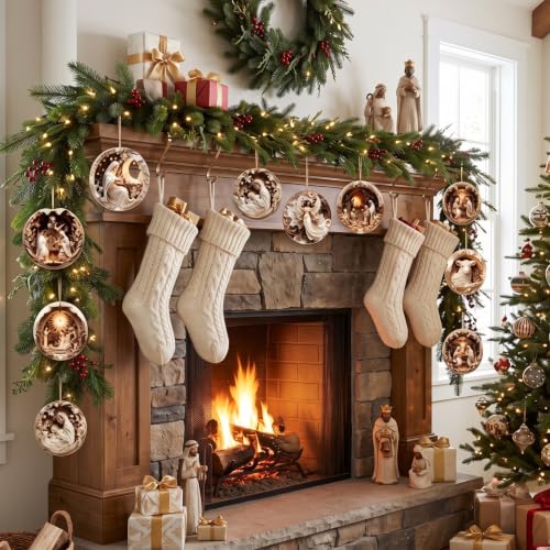Shellwei 24 Pcs Christmas Ornament Bulk Wooden Nativity Scene Music Sheet - style: Woodland